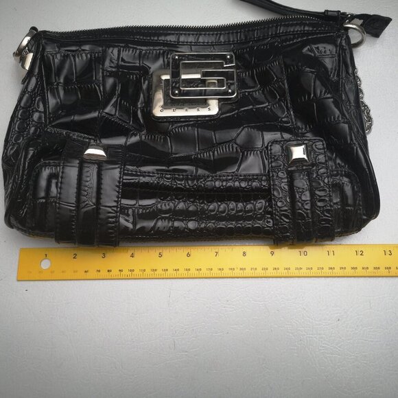 Guess Ladies Black Faux Leather Zipper Closure Chain Straps Hand/Shoulder Bag - Picture 8 of 10